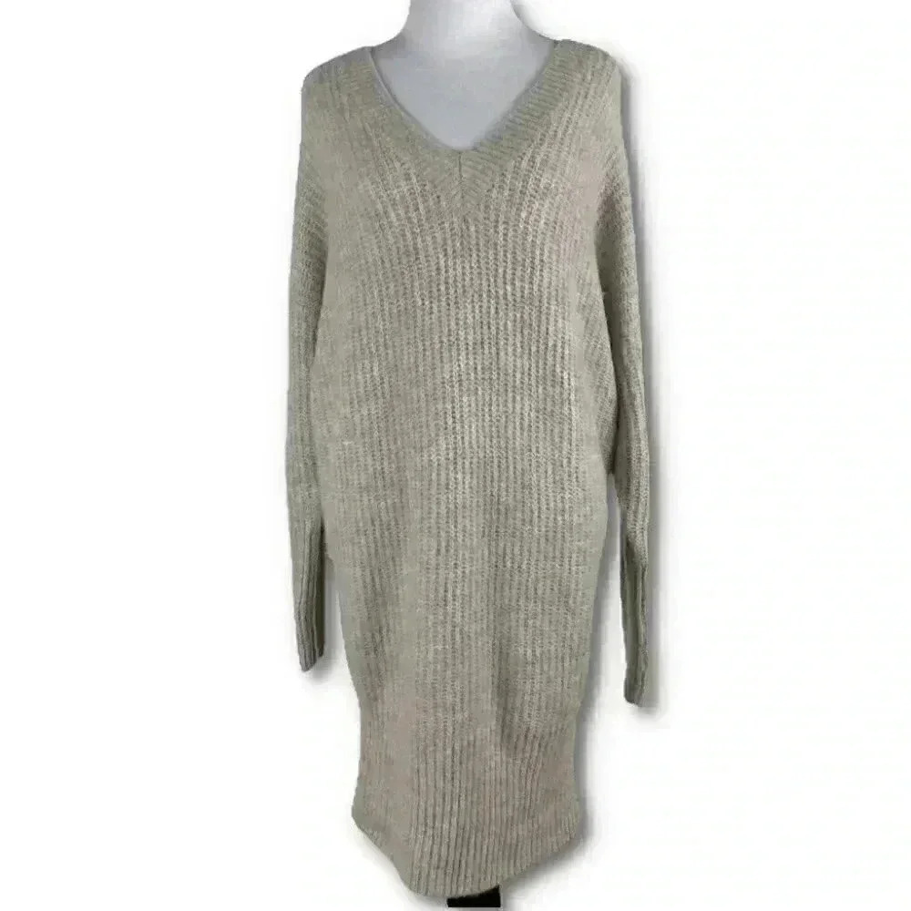 Express womens sweater dress size SP beige knit v-neck minimalist